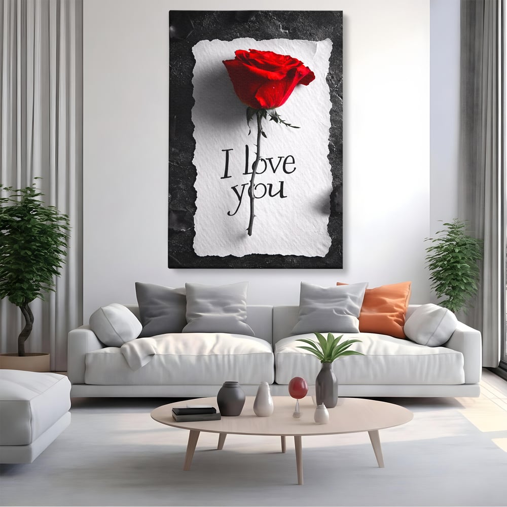 Tablou canvas cu tablou vertical cu trandafir rosu si mesaj, fara rama, pe sasiu de lemn, pe perete intr-un living